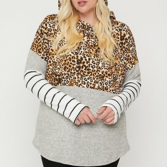Plus Size Color Block Hoodie Featuring A Cheetah Print - Picture 5 of 6